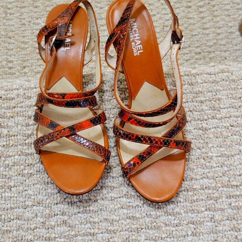 Browns & orange python pattern scrappy 4" heel sandal